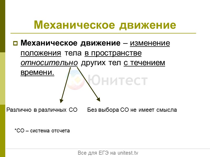 Механическое движение – изменение положения тела в пространстве относительно других тел с течением времени.